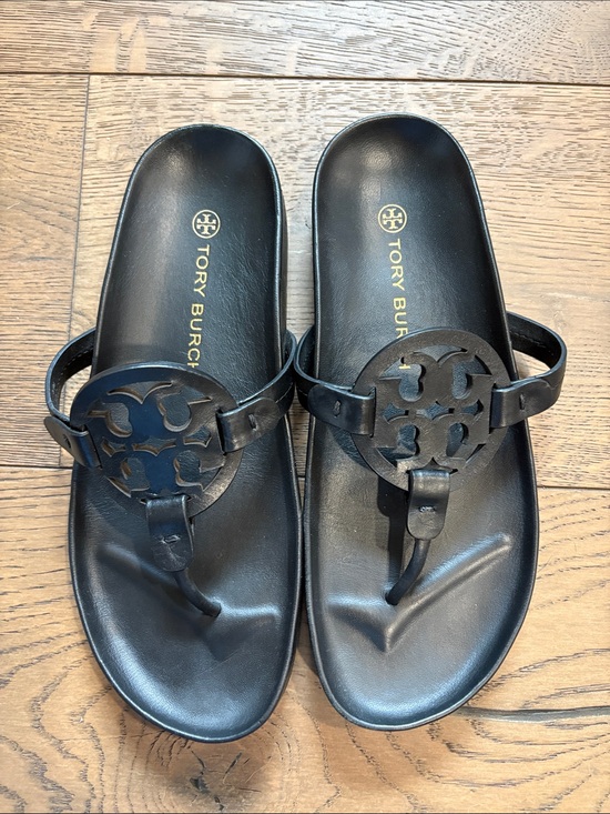 Tory Burch Shoes - Tory Burch Miller Cloud Logo Leather Thong Sandals Black
